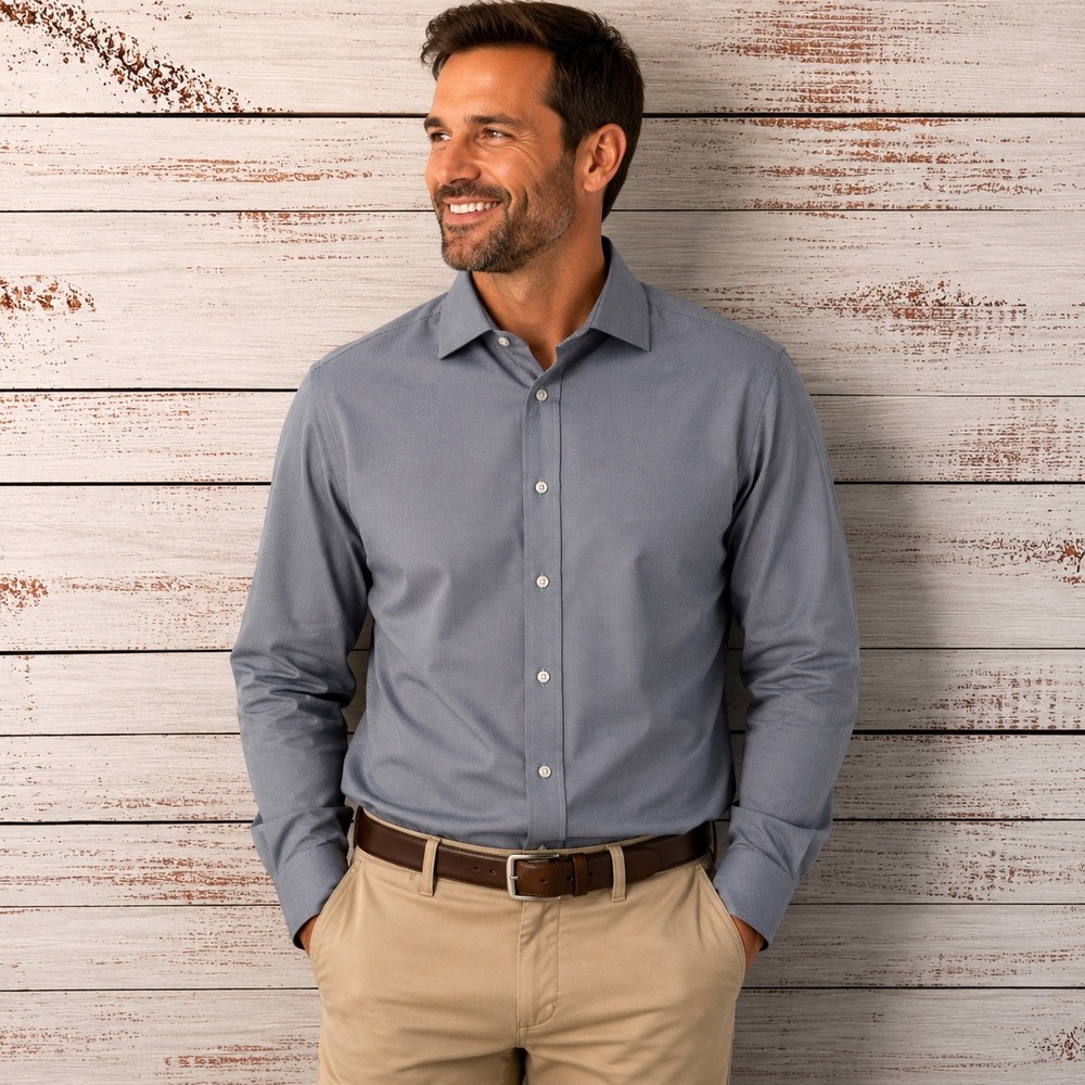 Ryan Seacrest Distinction Dress Shirt Mens L Blue Slim Fit Non-Iron Micro-Check